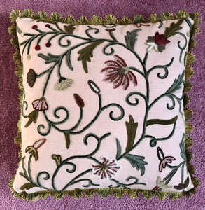 50x50 Crewel Embroidered Floral and Silk Cushion